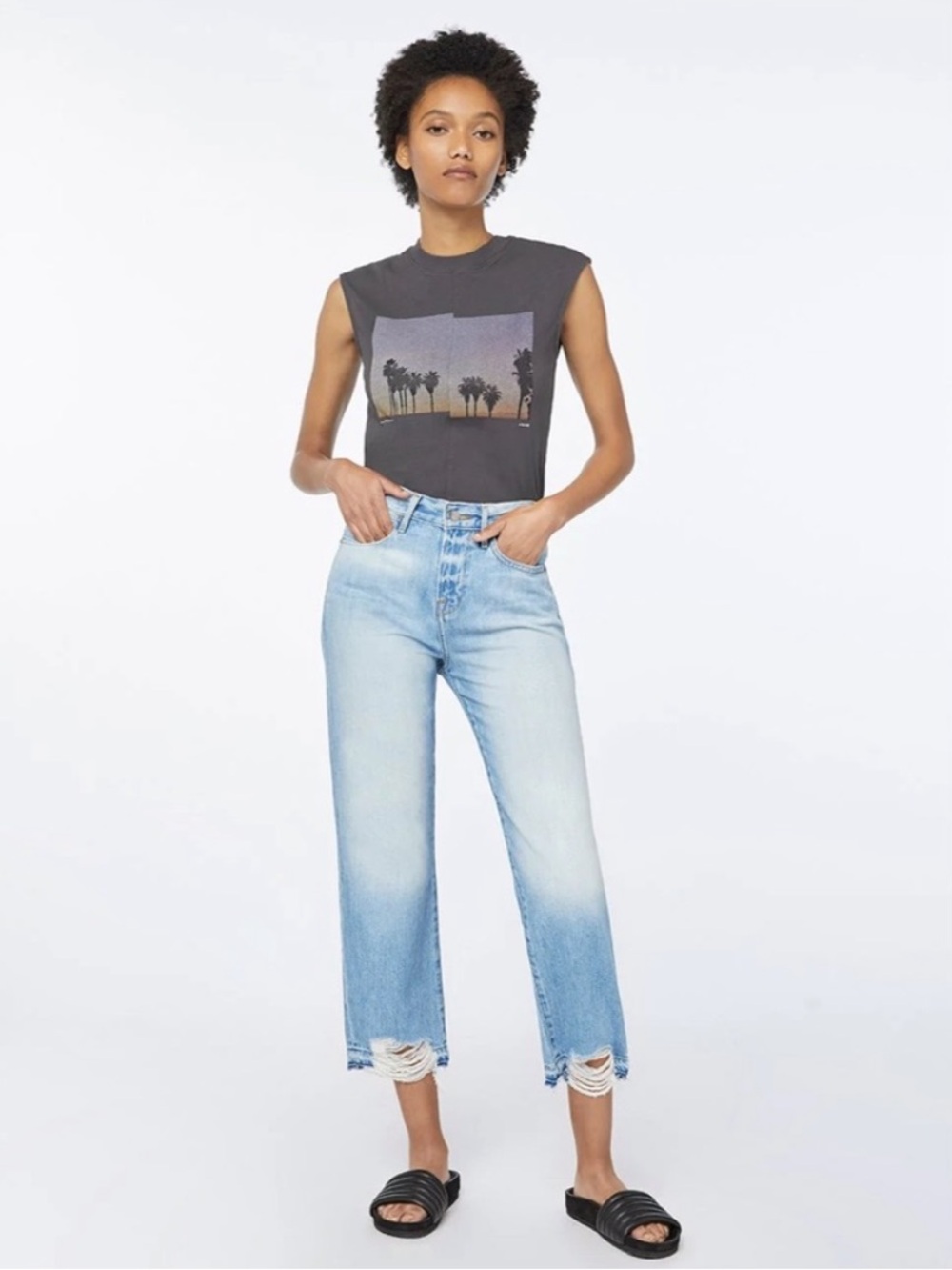 FRAME Le Hollywood Crop Jeans – Light Wash Distressed Hem – Size 29